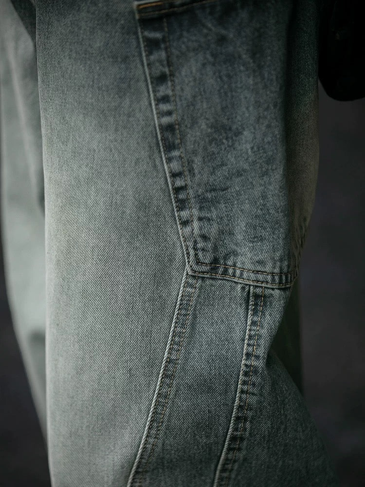 Vaqueros azules vintage desgastados de peso pesado, corte holgado Sabertooth deconstruido para hombre, estilo urbano, T0008