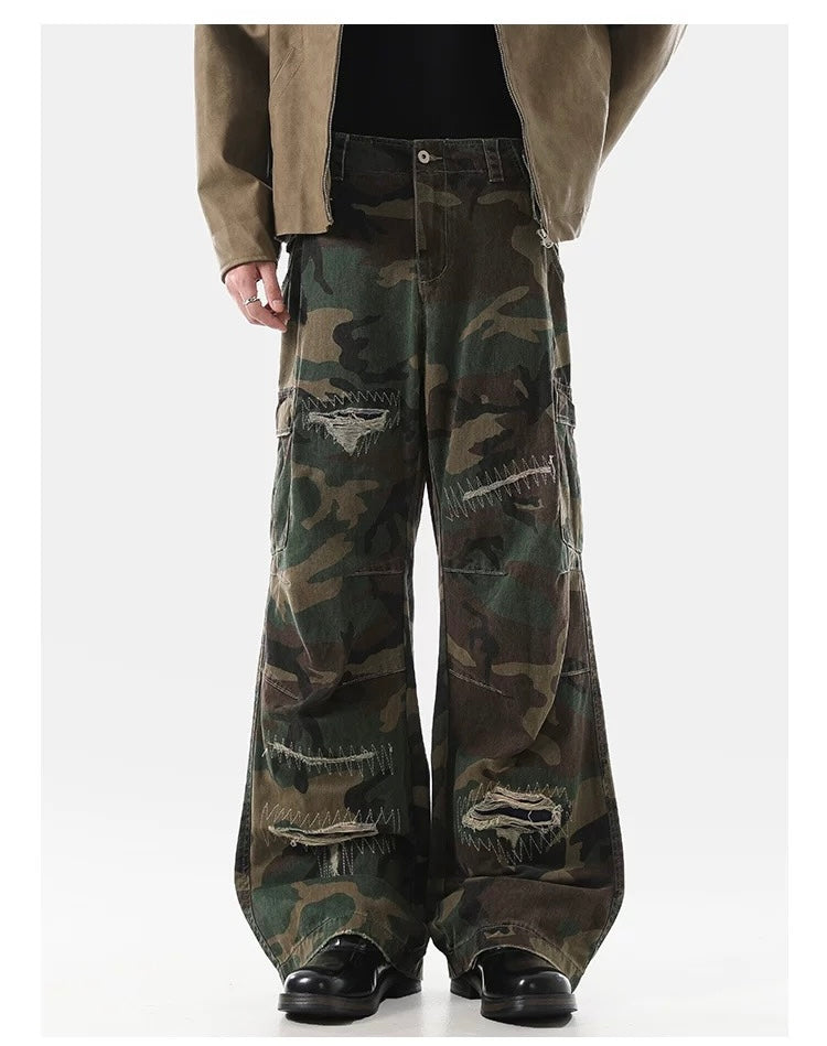 American Distressed Patchwork Camo Cargo Pants – Vintage Rugged Streetwear B0040