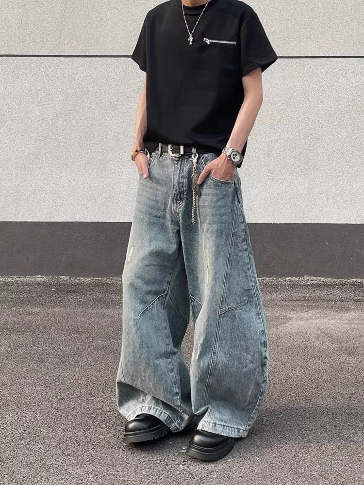 Men’s Vintage Ripped Wide-Leg Jeans – American Retro Streetwear Denim Pants B0092