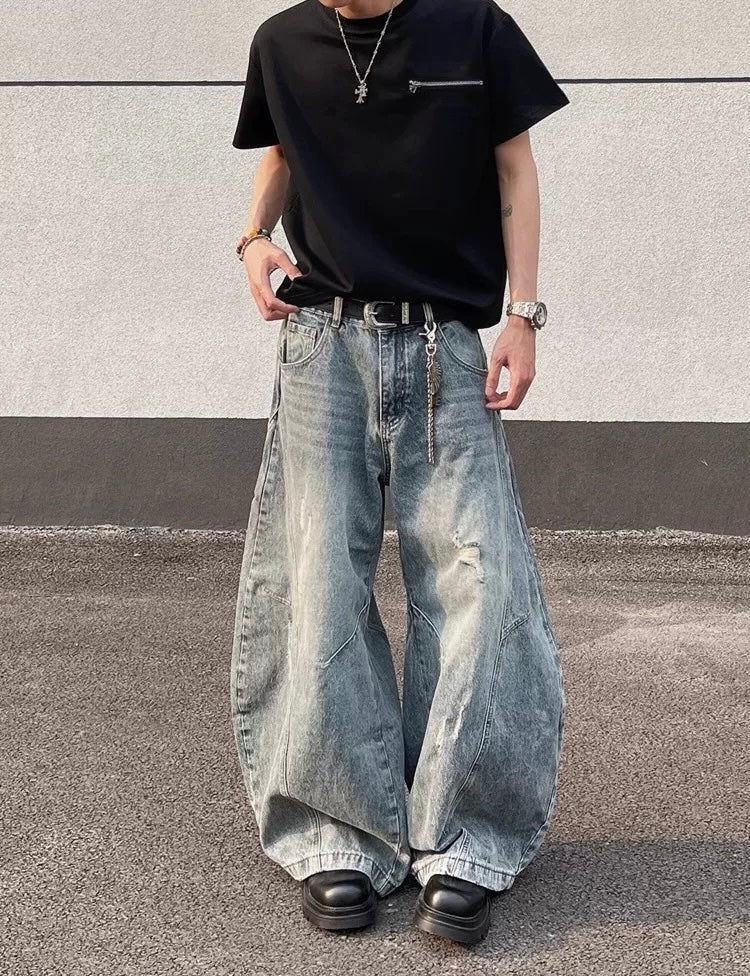 Men’s Vintage Ripped Wide-Leg Jeans – American Retro Streetwear Denim Pants B0092