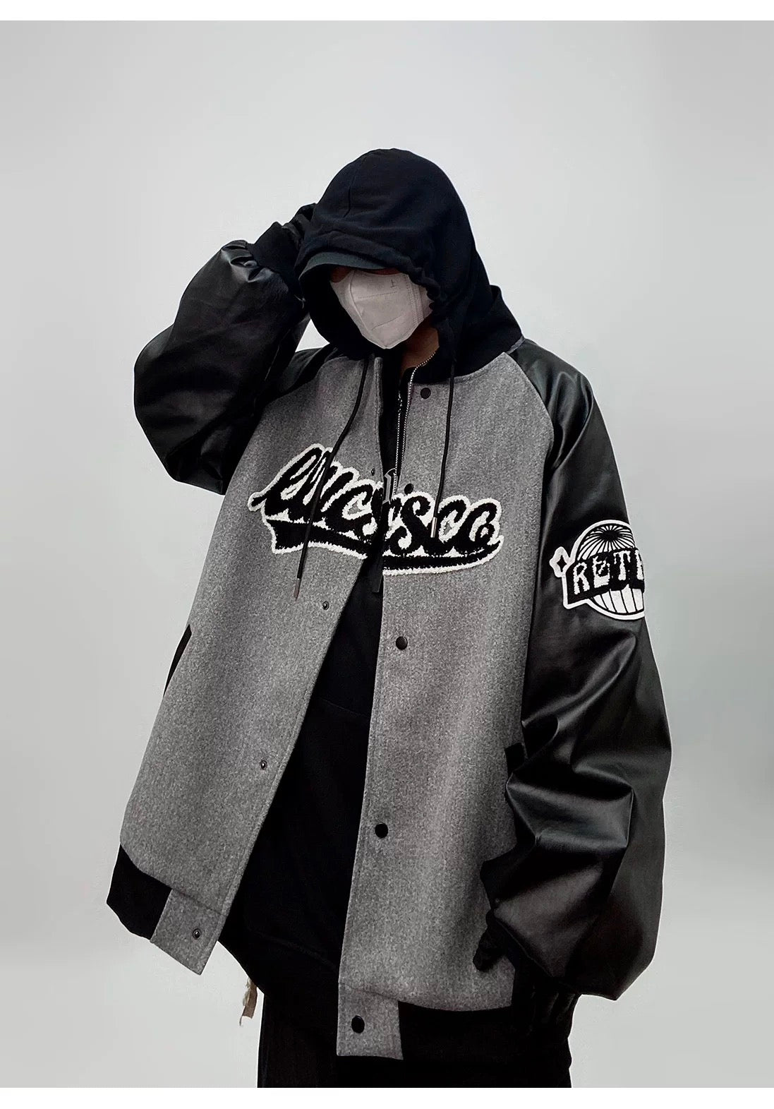 Men’s Hip Hop Varsity Jacket Streetwear Embroidered Baseball Bomber Retro Loose Fit Coat T0078