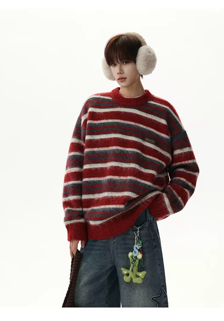 Men’s Vintage Red Striped Sweater – American Retro Knit Pullover S0049