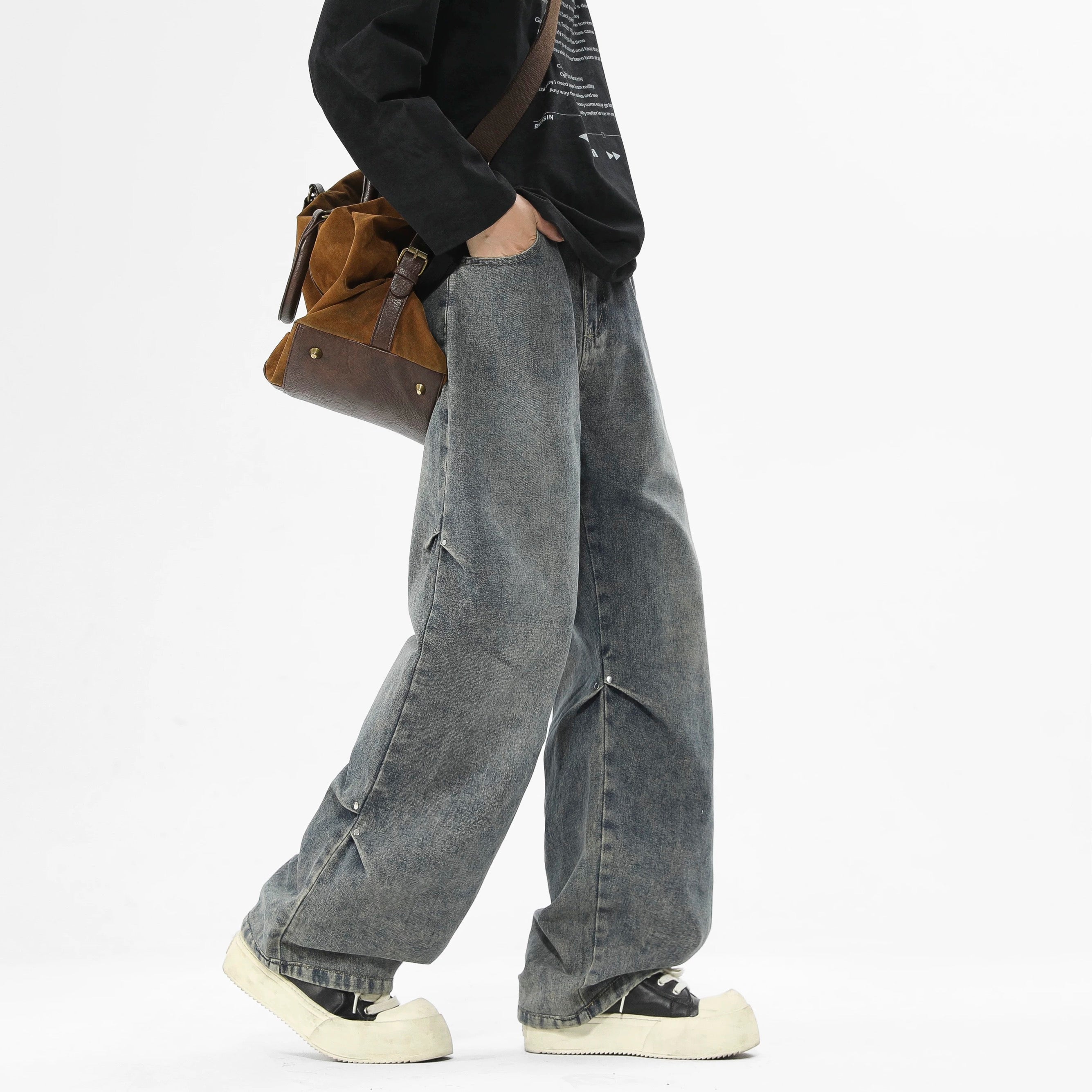 American Street Rivet Patchwork Straight-Leg Jeans Fe0501