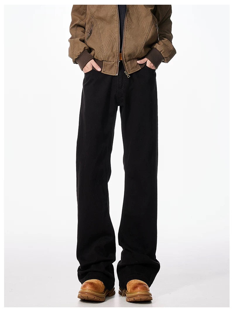 Men’s Black Straight-Leg Jeans – American Minimal Street Denim Pants B0077