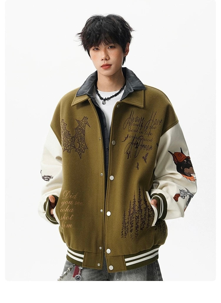 Men’s American Embroidered Patchwork Baseball Jacket – Vintage Streetwear Varsity CoatT0074