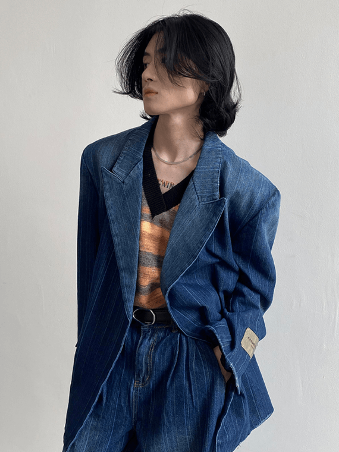 [GENESISBOY] Washed striped loose denim suit R032
