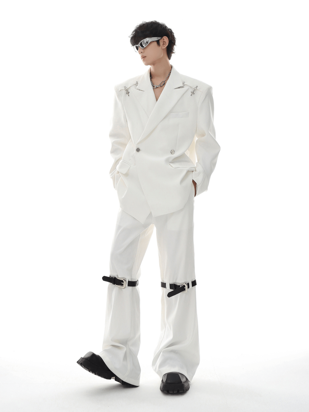 metal button multi drape straight pants B0001