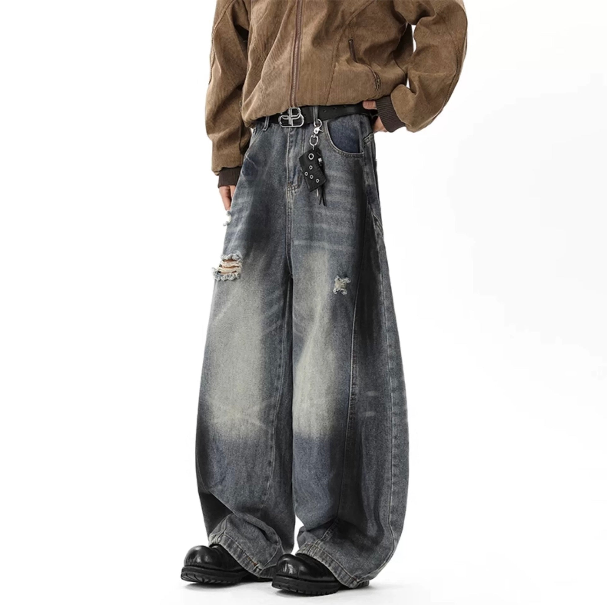 Vaqueros americanos rotos con corte curvo para hombre – Pantalones vaqueros de pierna ancha estilo streetwear vintage B0090