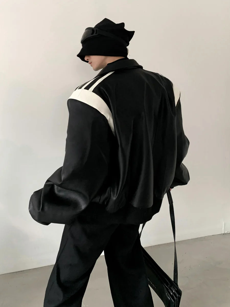 [AUTUMNWIND] BLACK COTTON THICKENED LEATHER JACKET T0121