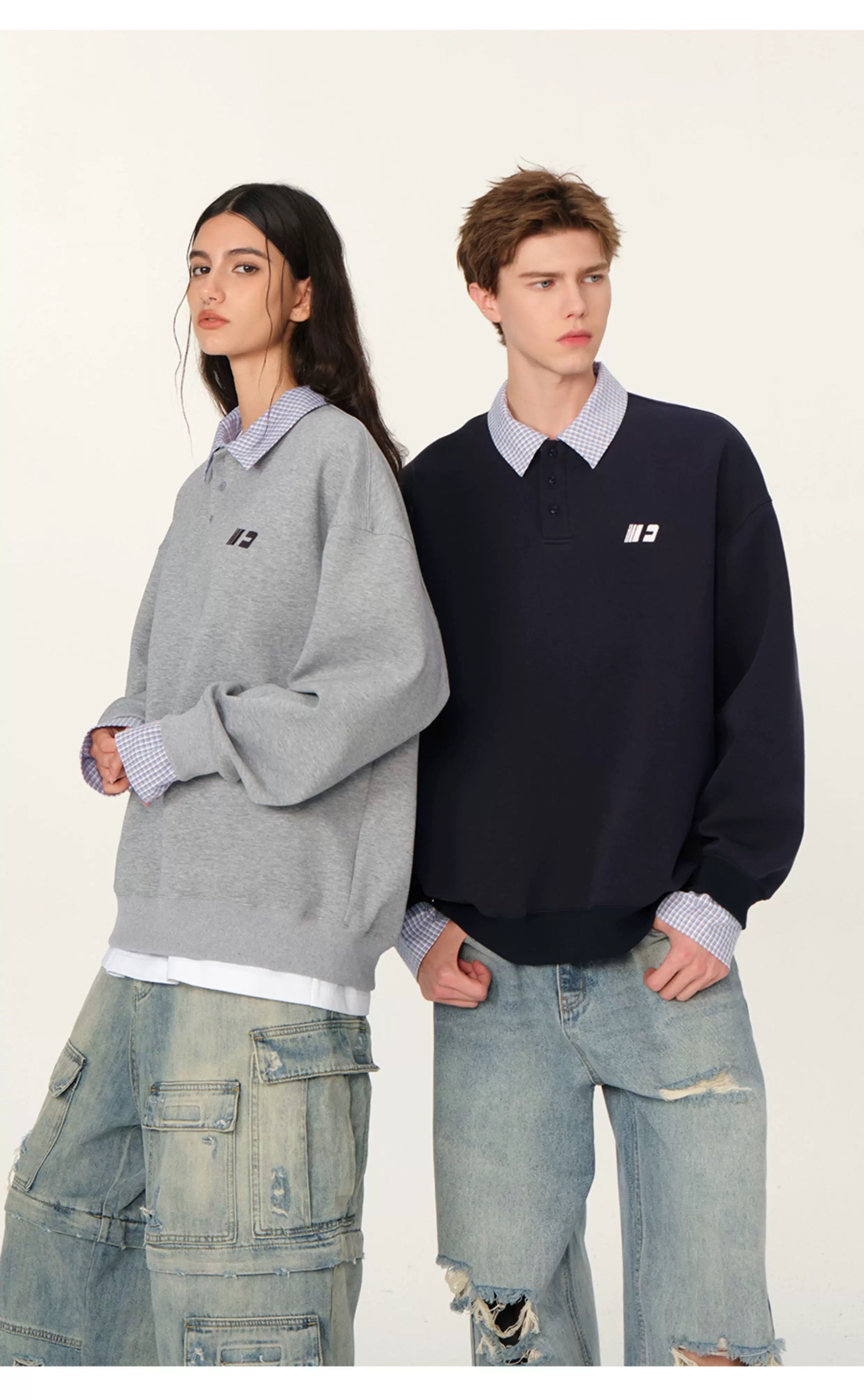 Men’s Layered Polo Sweatshirt – Air Layer Fabric Retro Street Pullover S0041