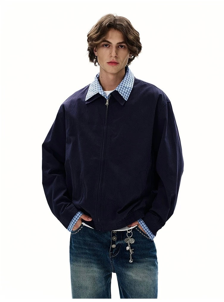 Men’s Vintage Plaid Patchwork Layered Jacket – American Retro Fake Two-Piece Streetwear Coat T0042