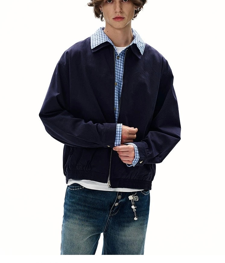 Men’s Vintage Plaid Patchwork Layered Jacket – American Retro Fake Two-Piece Streetwear Coat T0042