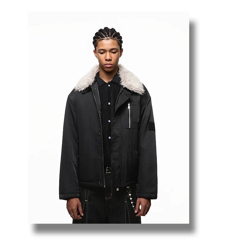 Men’s Detachable Fur Collar Padded Jacket – American Retro Winter Street Outerwear T0055