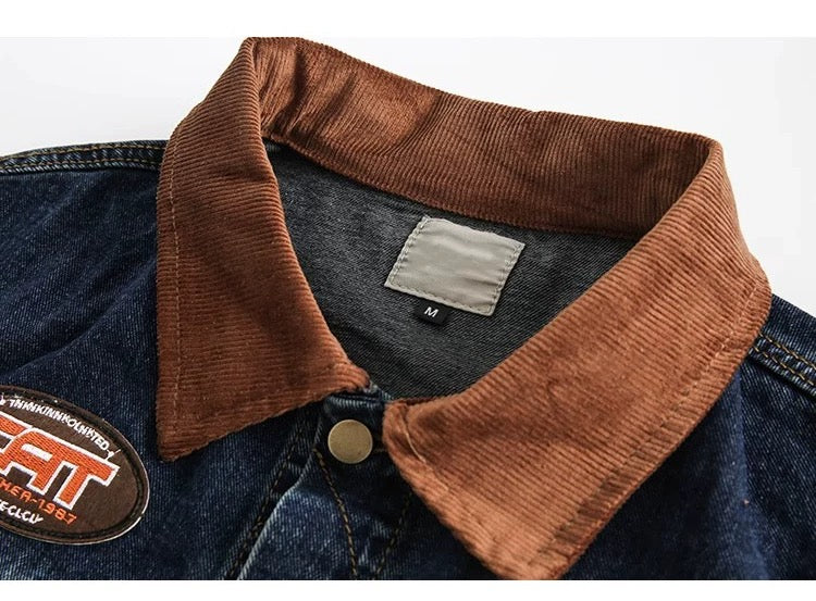 Men’s Vintage Patch Denim Jacket – American Retro Streetwear Outerwear T0084
