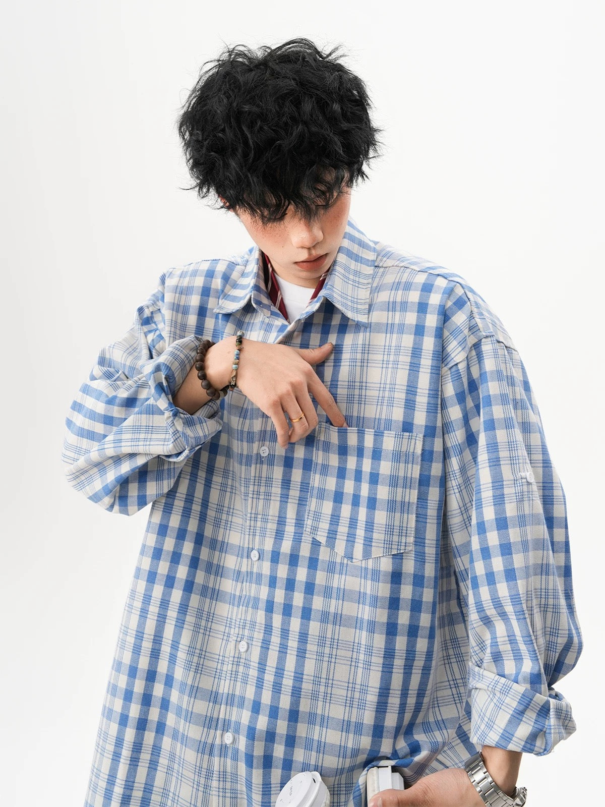 Men’s Vintage Blue Plaid Shirt – American Retro Street Casual Overshirt S0042