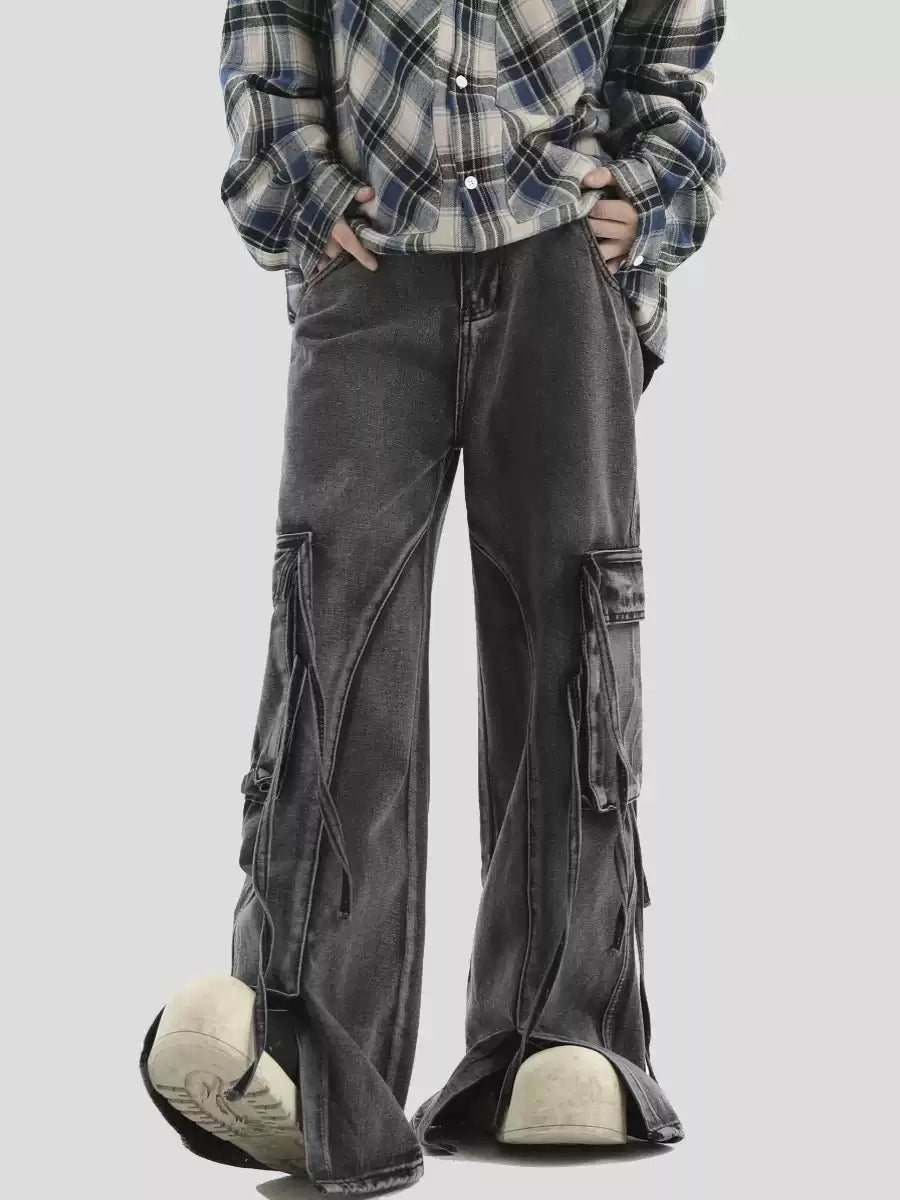 MULTI-POCKET LOOSE STRAIGHT LONG JEANS B0163