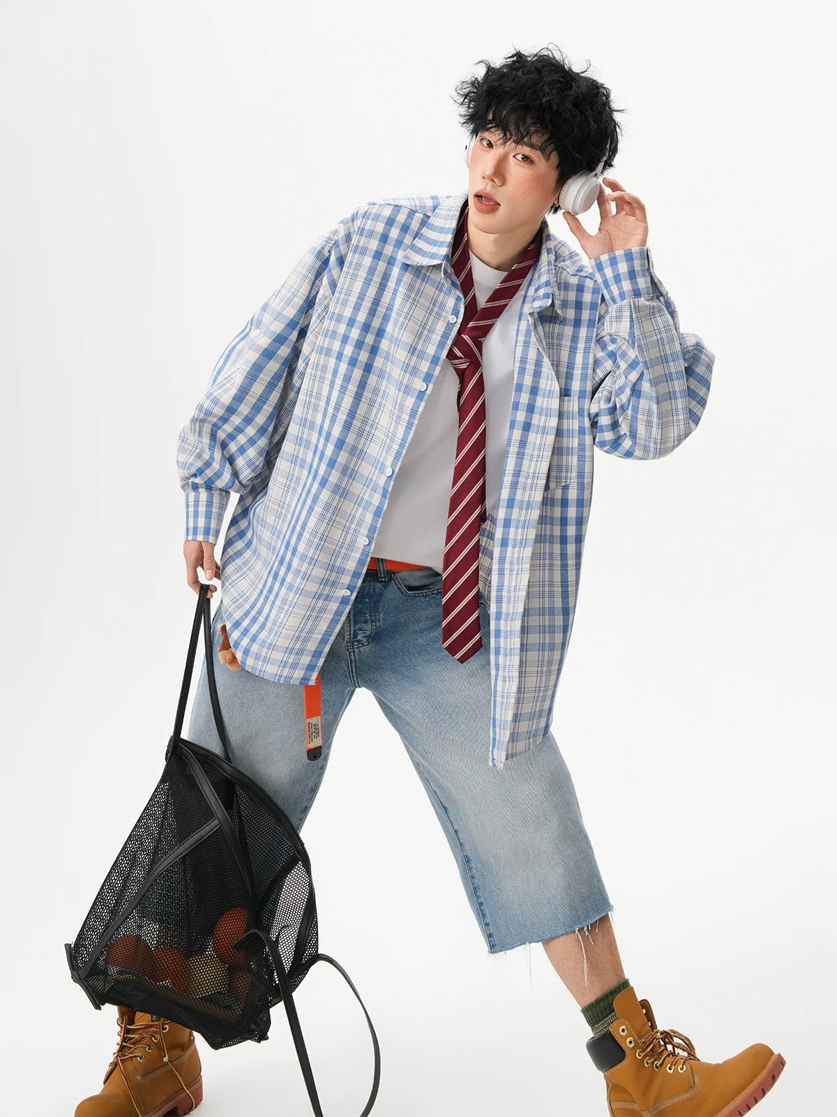 Men’s Vintage Blue Plaid Shirt – American Retro Street Casual Overshirt S0042