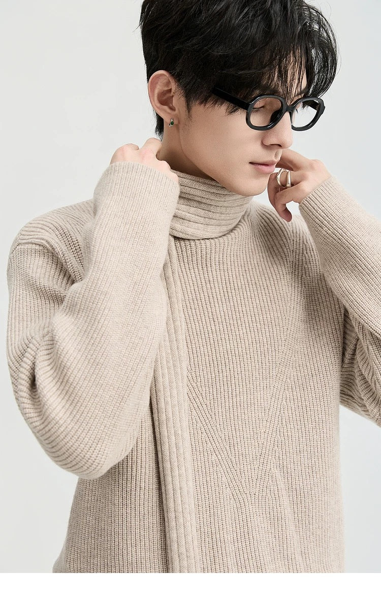 Suéter holgado de punto de lana de color liso para hombre, con cuello semialto y diseño estampado para invierno - Capa base ideal T0043