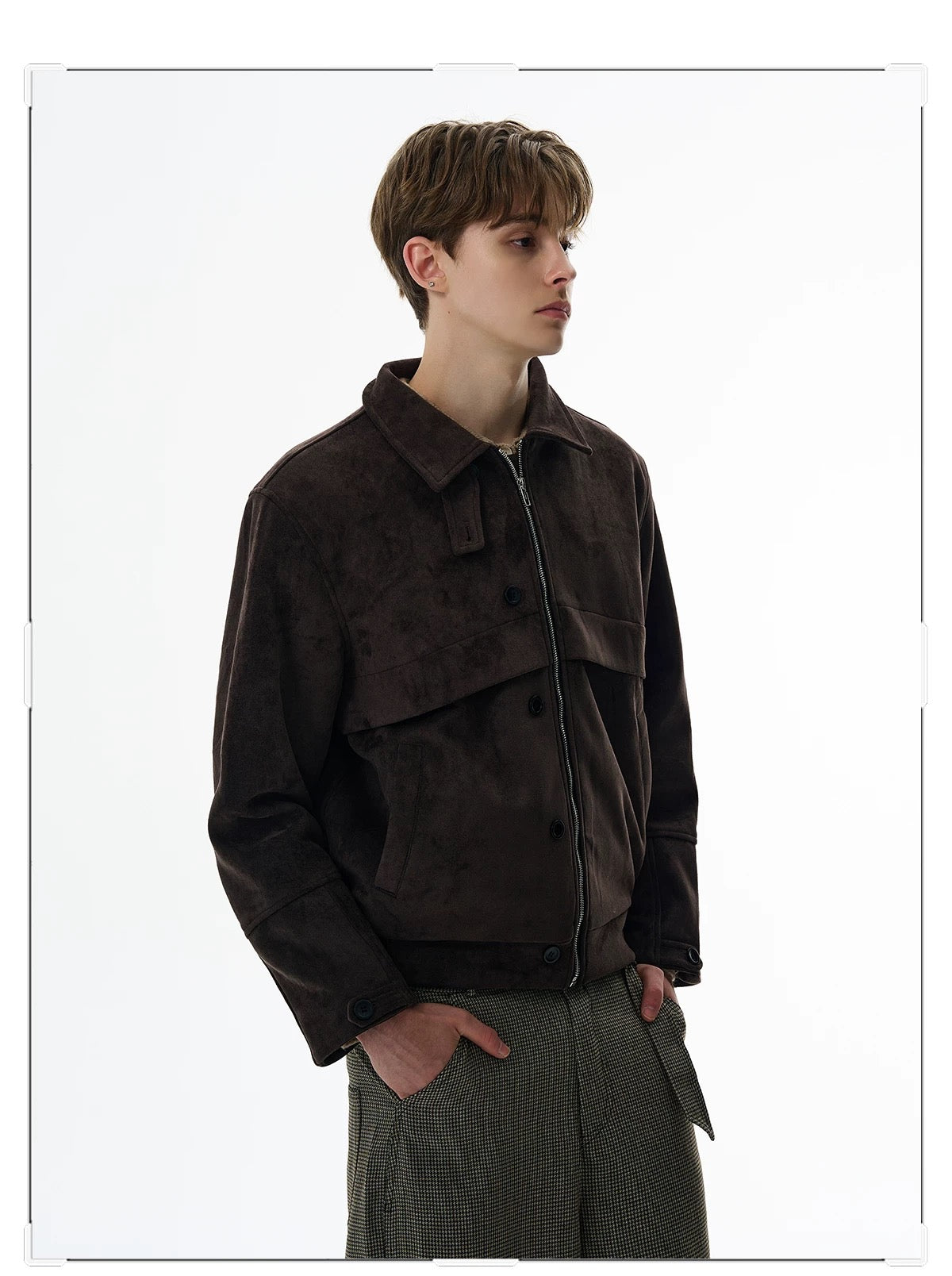 American Retro Suede Jacket – Brown Faux Suede Lapel Trucker Coat T0027