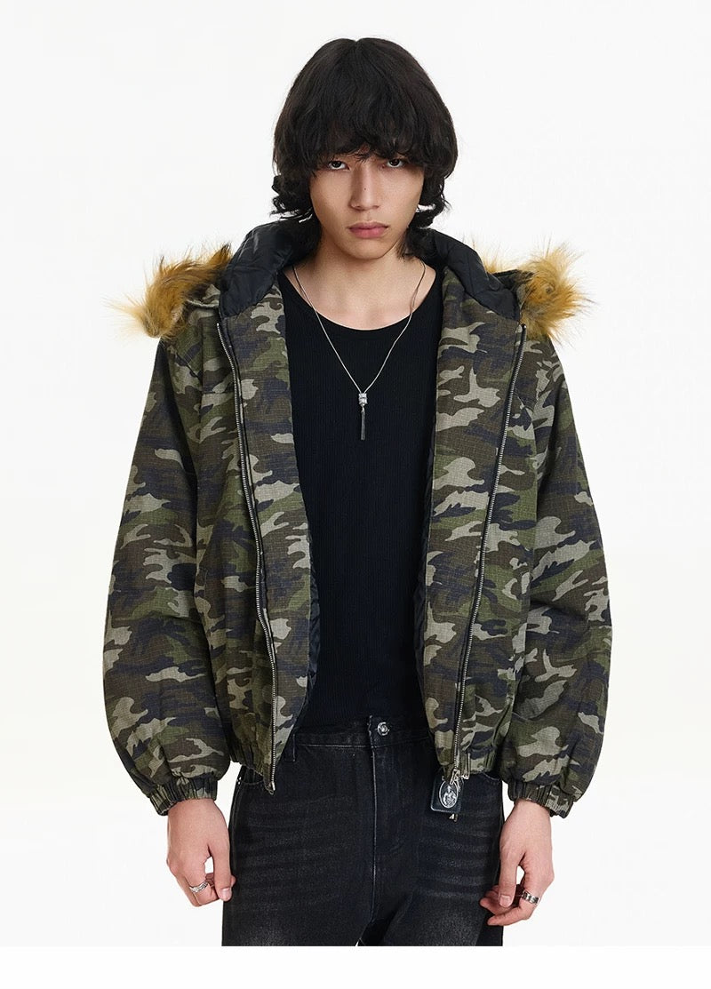 Men’s Vintage Camo Fur Hooded Puffer Jacket – American Retro Winter Street Coat T0056