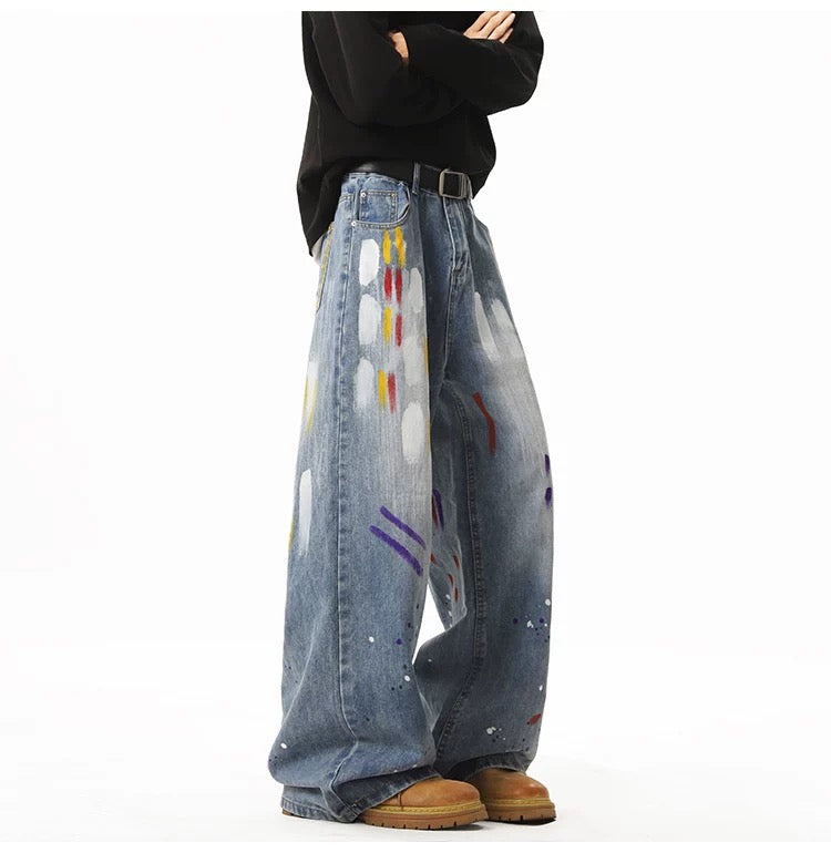 Men’s Graffiti Denim Jeans – Vintage American High Street Painted Streetwear Pants B0058