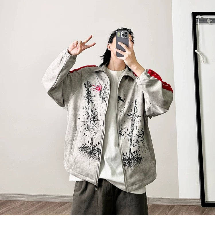 メンズ プリント カラーブロック フリースジャケット - レトロ パッチワーク ストリートウェア アウターウェア T0037