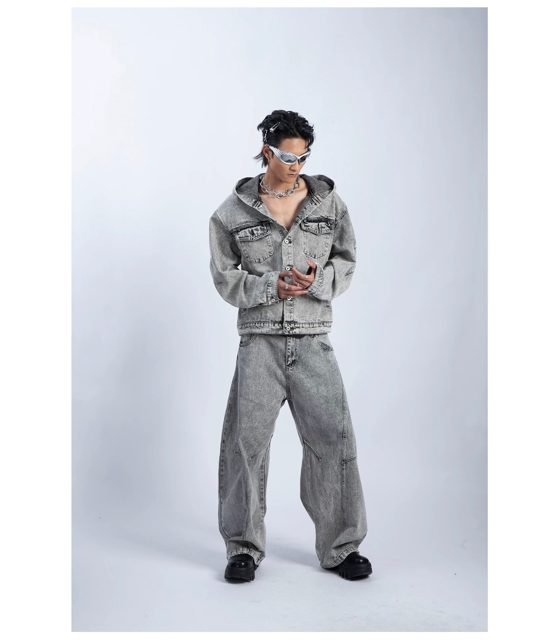 Men’s Deconstructed Distressed Denim Hoodie Jacket – Vintage Heavywork Streetwear Outerwear T0043