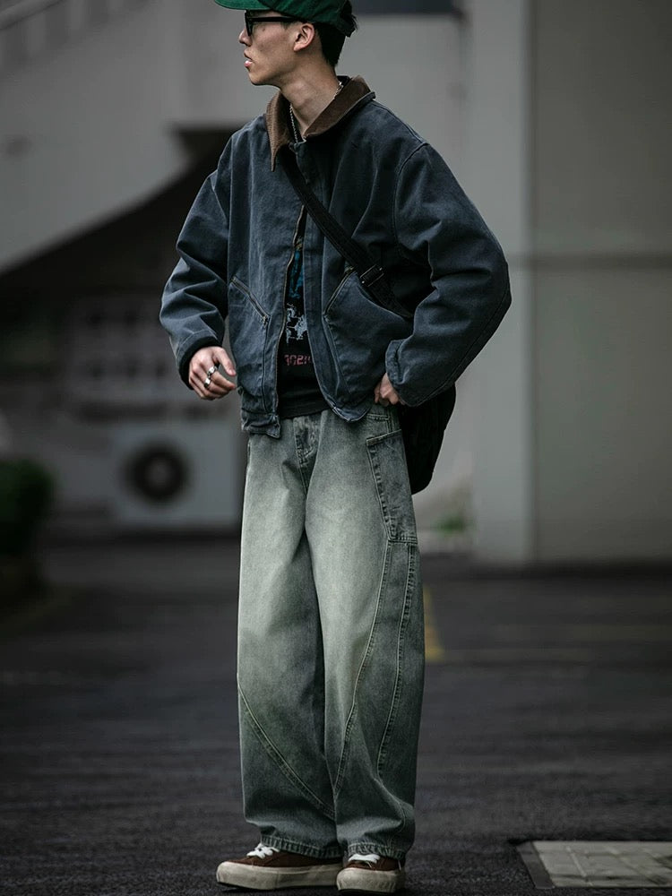 Vaqueros azules vintage desgastados de peso pesado, corte holgado Sabertooth deconstruido para hombre, estilo urbano, T0008