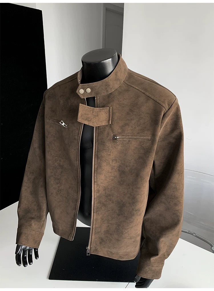 Chaqueta vintage de piel sintética con efecto tie-dye para hombre, cuello alto, estilo urbano, T0078