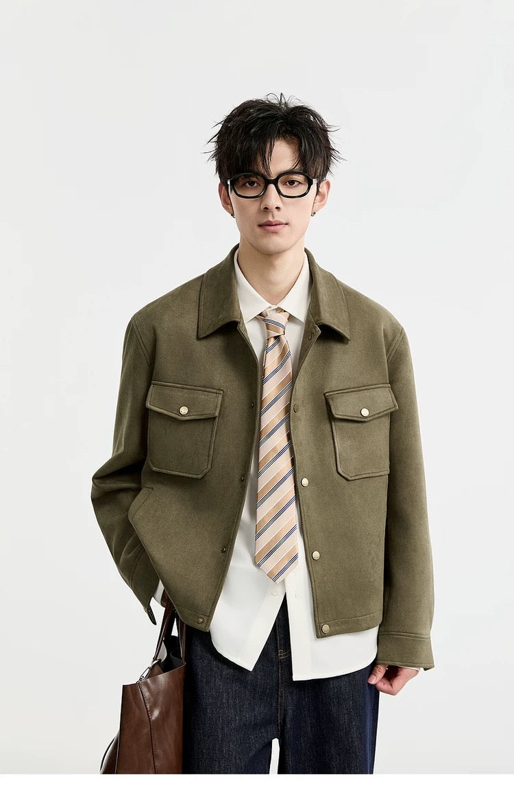 Chaqueta retro premium de ante sintético con solapa para hombre - Top corto informal para otoño T0039