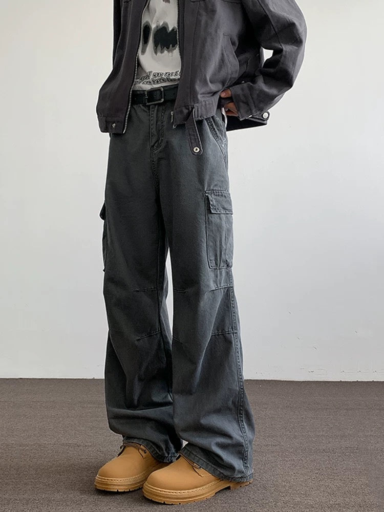 Men’s Gray Multi-Pocket Cargo Pants – Utility Streetwear Loose Fit Trousers B0062