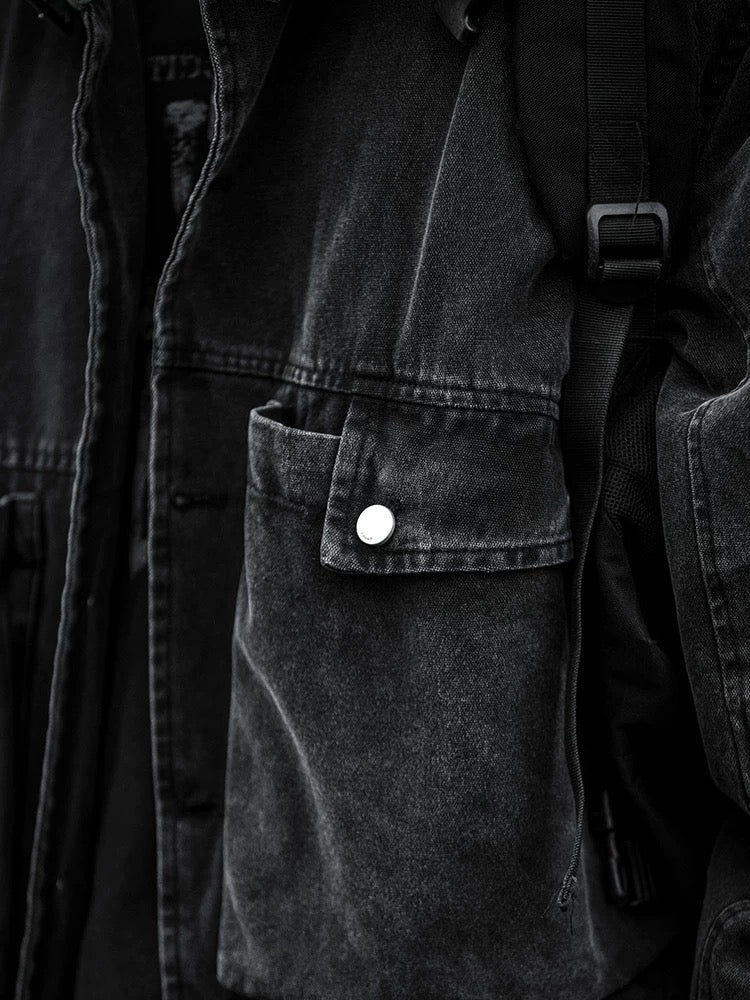 American Vintage Barn Jacket with 3D Pockets, Washed Distressed Paneled Collar Cropped Jacket for Men T0014