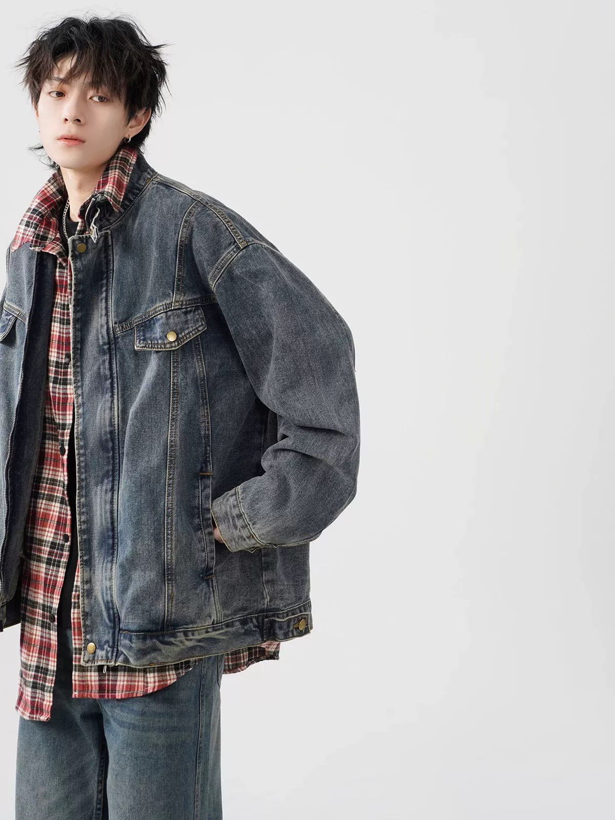 Men’s Vintage Washed Denim Jacket – American Retro Distressed Streetwear Outerwear T0046