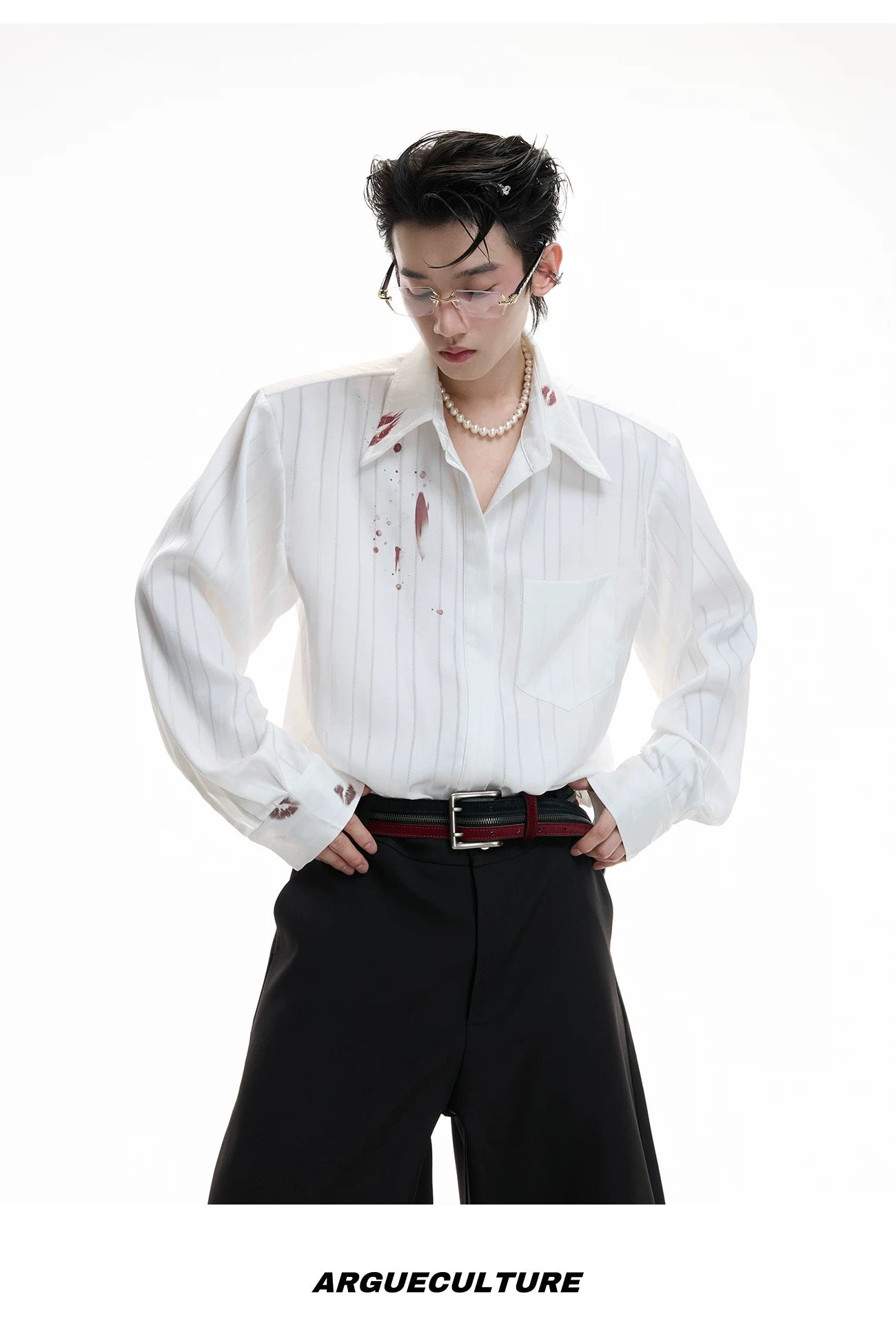 Hot Kiss Misty Realm Striped Satin Lipstick Print Shirt, Luxurious Textured Cardigan Top T0037