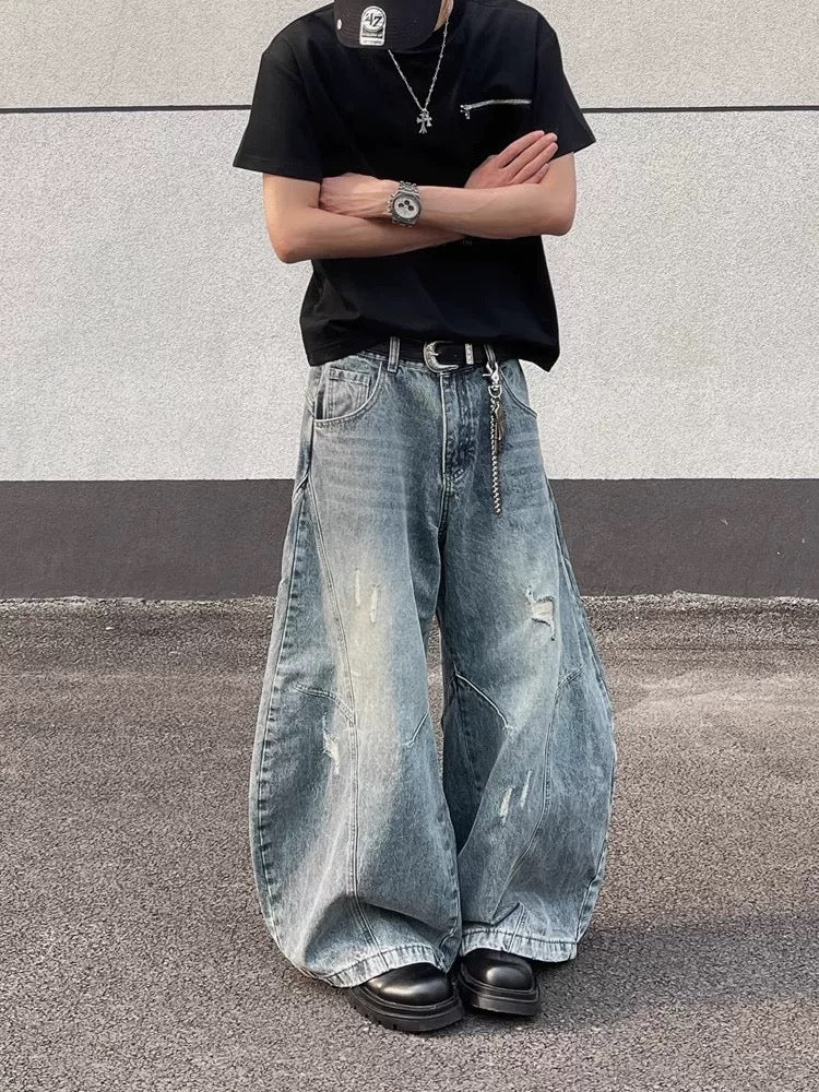 Men’s Vintage Ripped Wide-Leg Jeans – American Retro Streetwear Denim Pants B0092