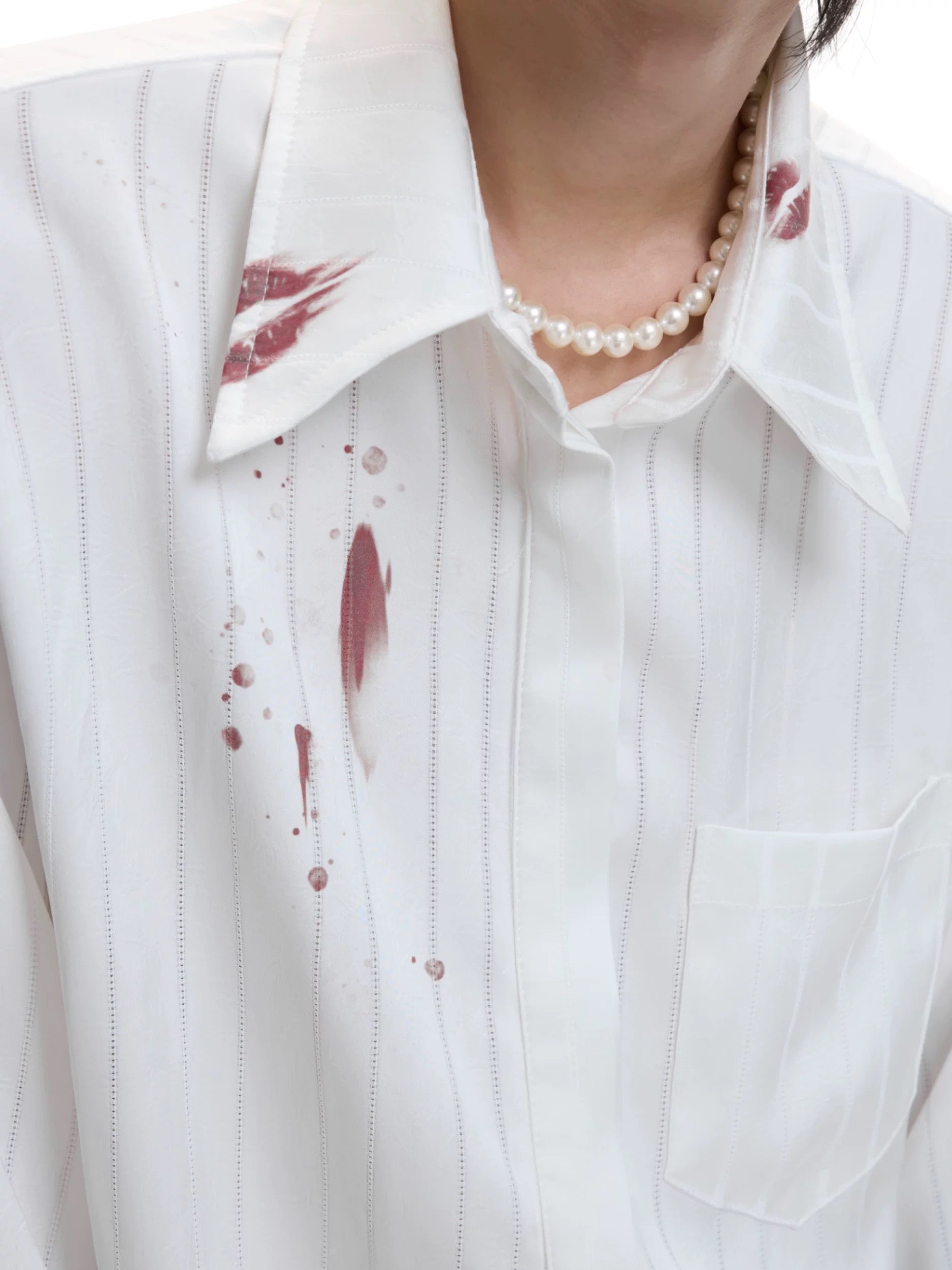 Hot Kiss Misty Realm Striped Satin Lipstick Print Shirt, Luxurious Textured Cardigan Top T0037