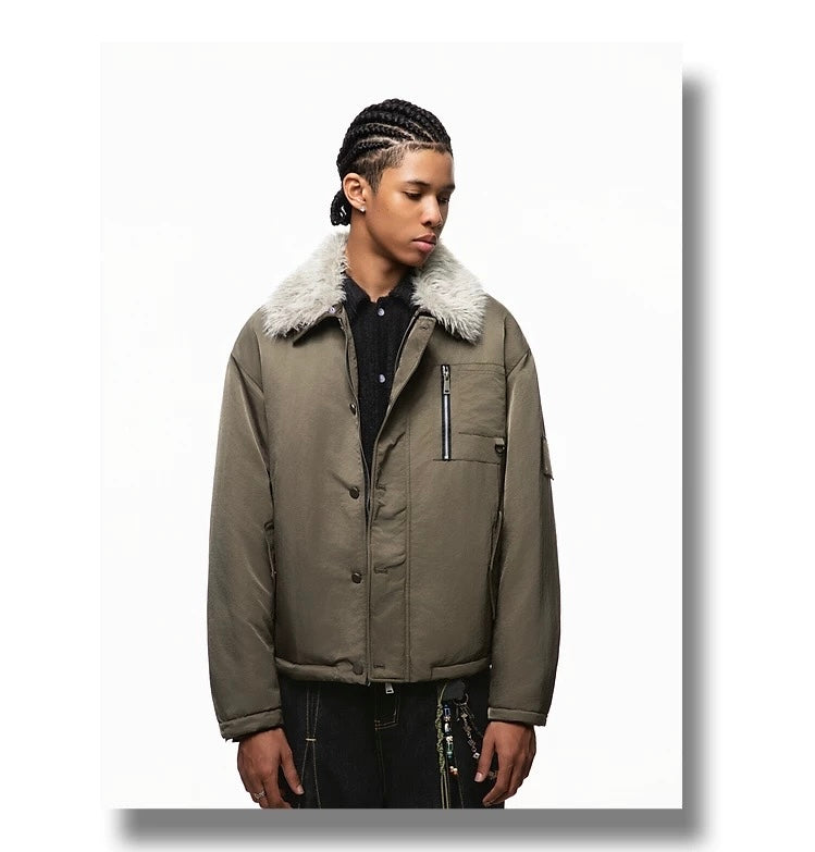 Men’s Detachable Fur Collar Padded Jacket – American Retro Winter Street Outerwear T0055