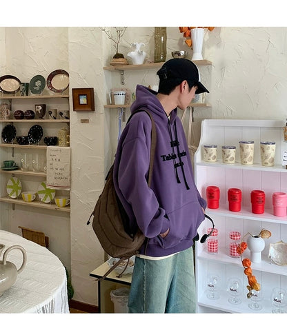 Men’s Vintage Brushed Embroidery Hoodie – Retro American Streetwear Pullover T0202