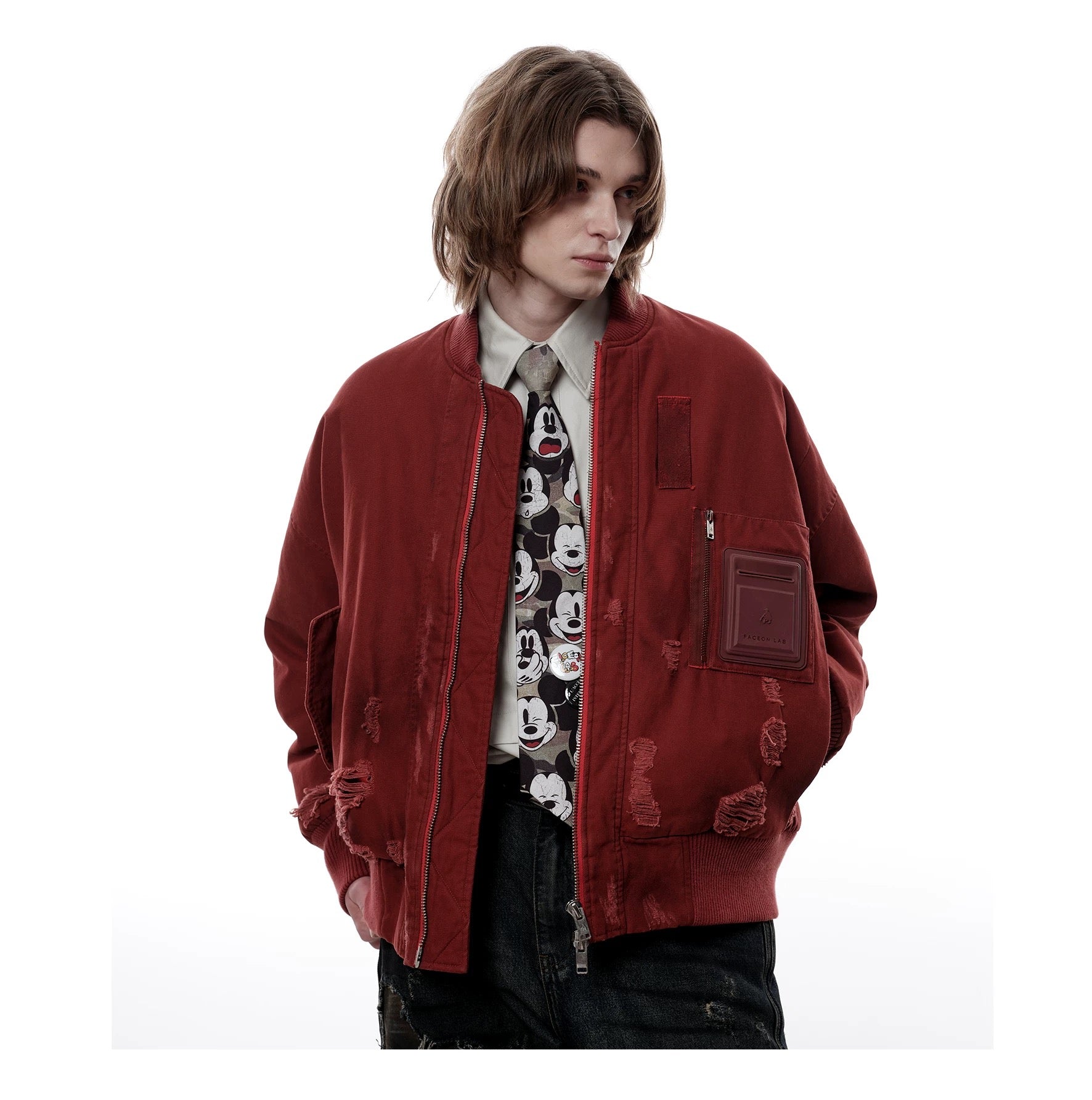 Men’s Burgundy MA-1 Distressed Bomber Jacket – Vintage American Street Baseball Style T0059