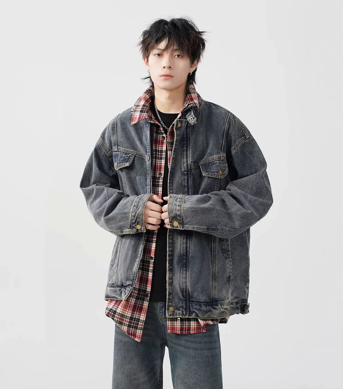 Men’s Vintage Washed Denim Jacket – American Retro Distressed Streetwear Outerwear T0046