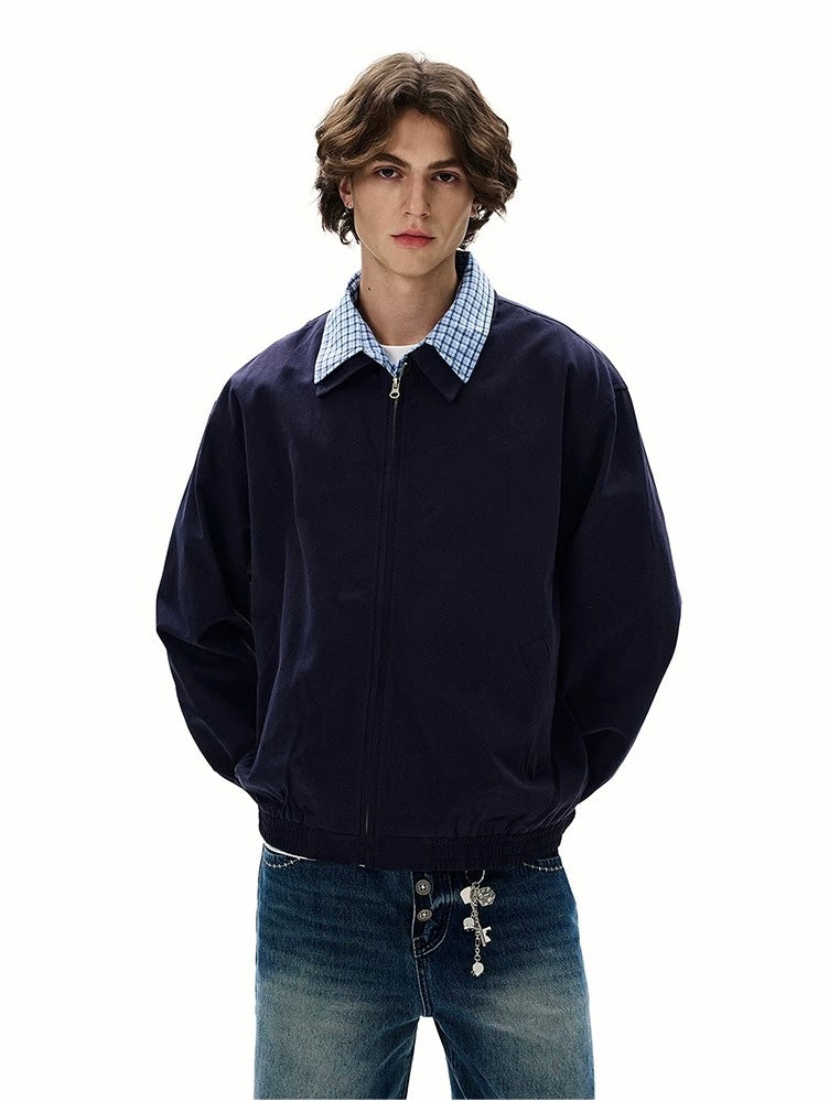 Men’s Vintage Plaid Patchwork Layered Jacket – American Retro Fake Two-Piece Streetwear Coat T0042