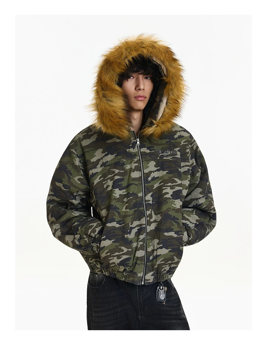 Men’s Vintage Camo Fur Hooded Puffer Jacket – American Retro Winter Street Coat T0056
