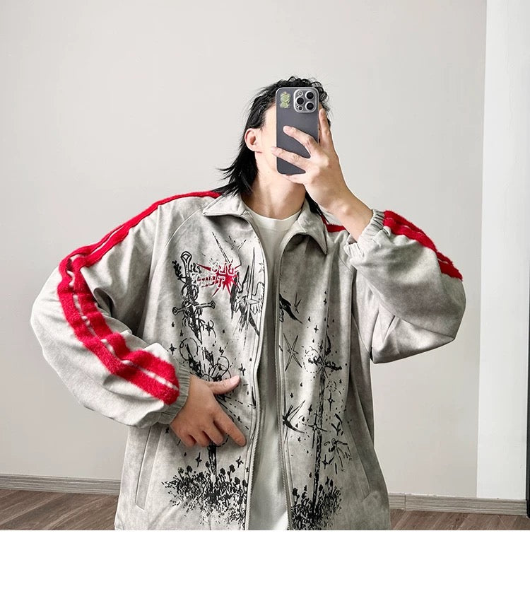 メンズ プリント カラーブロック フリースジャケット - レトロ パッチワーク ストリートウェア アウターウェア T0037