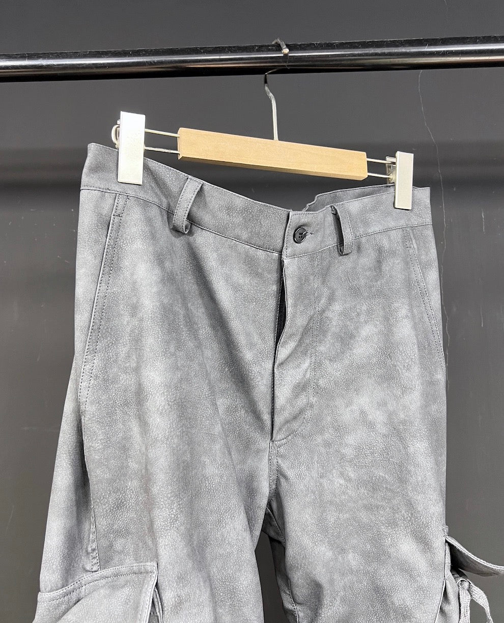 Men’s Suede PU Washed Flared Pants Gray Wide Leg Cargo Trousers Slim Fit Vintage Streetwear B0099