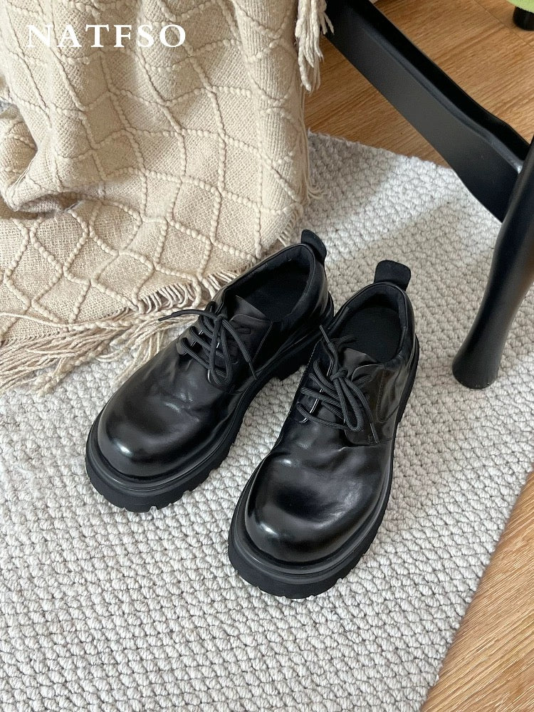 Black Washed Leather Derby Shoes - Chunky Platform Sole with Wrinkled Texture (Cleanfit Men's Footwear) S0001