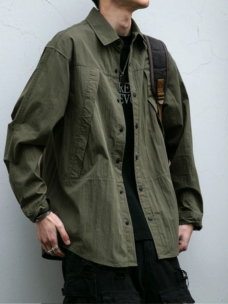 Vintage Washed Utility Shirt, Men's Distressed Panelled Long Sleeve, Oversized Streetwear Fashion T0010