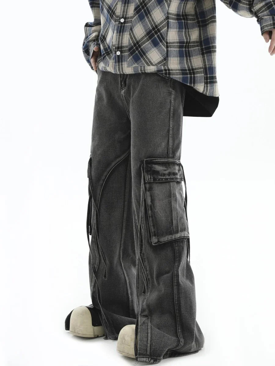 MULTI-POCKET LOOSE STRAIGHT LONG JEANS B0163