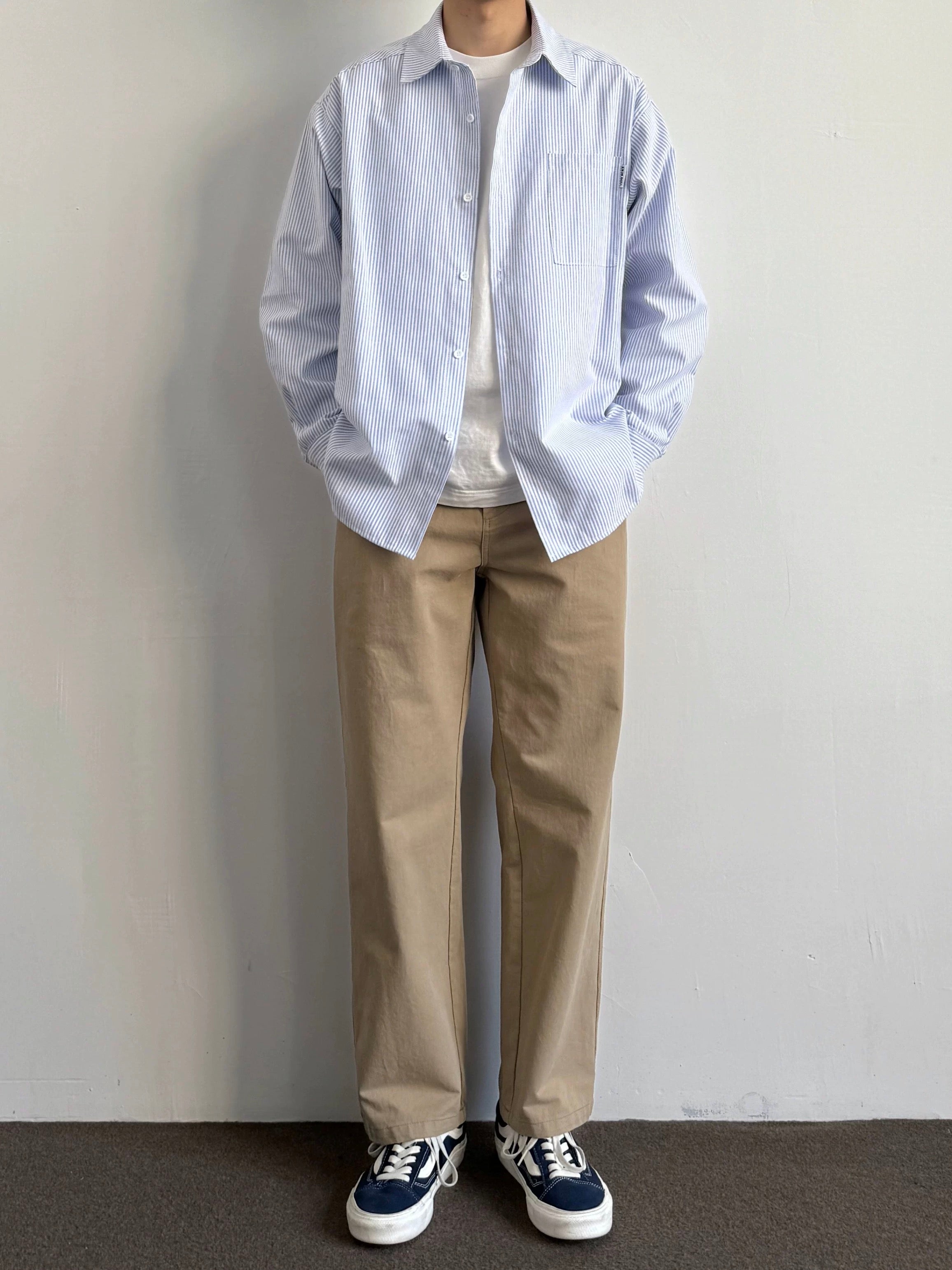 ブルー＆ホワイトストライプオックスフォードシャツ - リラックスワークウェアスタイル長袖シャツジャケット（カジュアルユニセックス）T0033