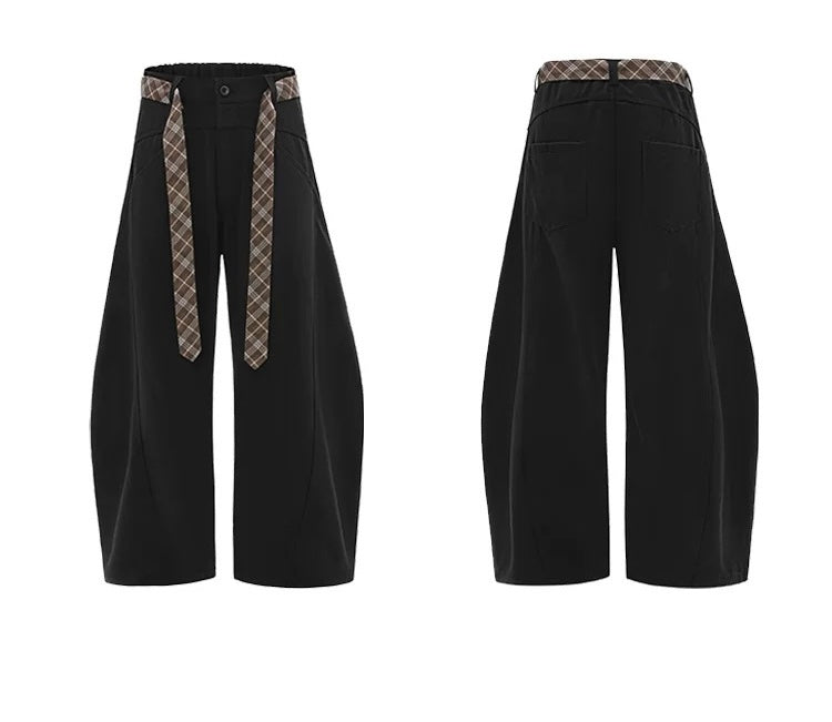 Pantalones acampanados vintage a cuadros con forro polar y cinturón – Estilo retro americano B0038