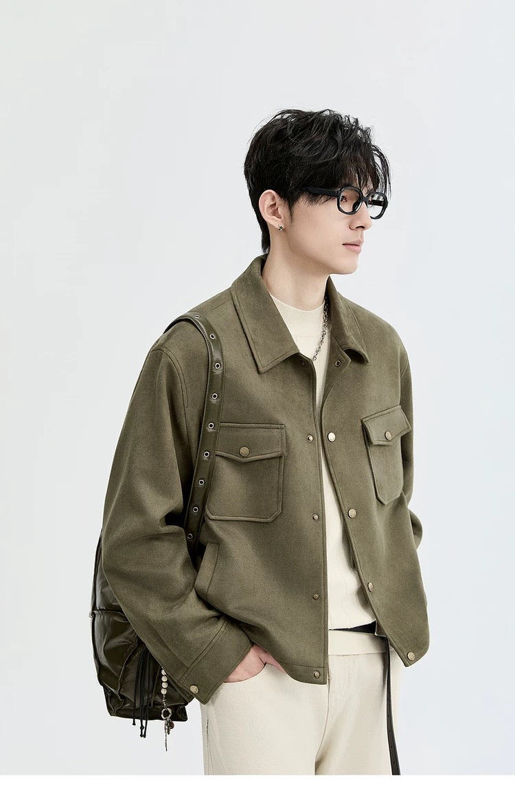 Chaqueta retro premium de ante sintético con solapa para hombre - Top corto informal para otoño T0039